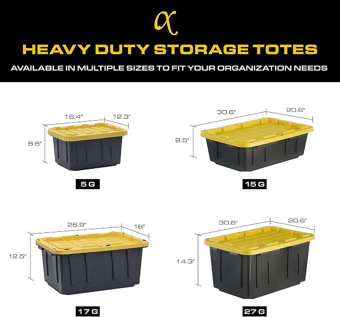 CX Black & Yellow 27-Gallon Heavy Duty Stackable Storage Bins with Lids, Dorm Room Essentials, Moving Boxes, Back to School, Classroom Organization, Home Organization, 4 Pack (14.3"H x 20.6"W x 30.6"D)