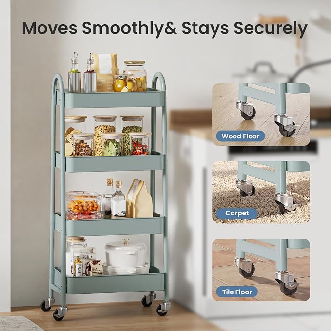 DUMOS 4 Tiers Rolling Utility Cart, Storage Organizer, Shelving Unit | Metal, Lockable Wheels, Mobile, Kitchen, Bathroom, Laundry, Narrow Places, Green