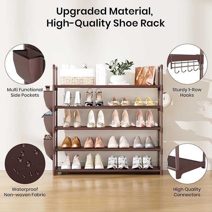 VILICK Shoe Rack for Closet Shoe Organizer Space Saver Storage for 20-25 Pair Shoe Shelf with Hook and Side Pocket Free Standing 5 Tier Shoe Rack Organizer for Entryway,Small Spaces, Brown