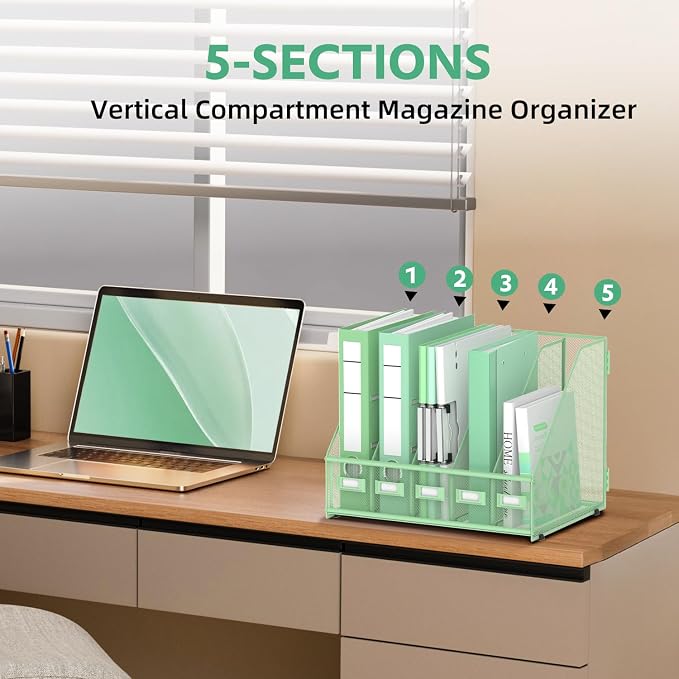 5 Vertical Compartments Magazine Holder, Metal Binder Organizer, Mint Green | Space-Saving Desktop Storage, Built-In Label Holders, Anti-Slip Feet, Sized for Binders, Folders, Magazines and Files