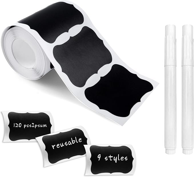 Chalkboard Labels, 120 Pcs Black Reusable Waterproof Labels Stickers, Kitchen Pantry Sticker for Containers, Mason Jars, Condiments, Food Storage (Wavy)