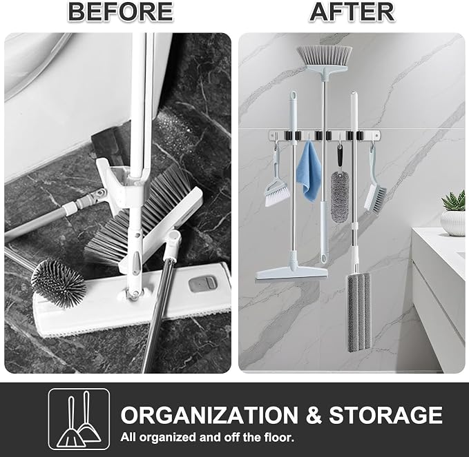 HANZENMA Broom Holder Wall Mount, Broom Organizer Wall Mount Stainless Steel Broom and Mop Hanger Heavy Duty Storage Organization for Home Kitchen Garden Garage Room 3 Racks 4 Hooks Black