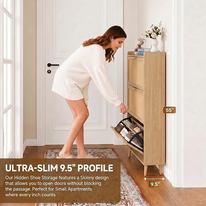 Shoe Storage Cabinet for Entryway, Slim Freestanding Rattan Shoe Cabinet with 3 Flip Drawers, Hidden Shoe Organizer Cabinet, Narrow Shoe Rack, Farmhouse Design