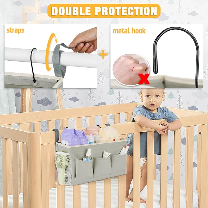 Lilithye Bedside Caddy Organizer with Fixed Straps & Water Bottle Holder for Home, College Dorm, Bunk Bed, Hospital & Crib Bed Rails (2 pcs, Grey)