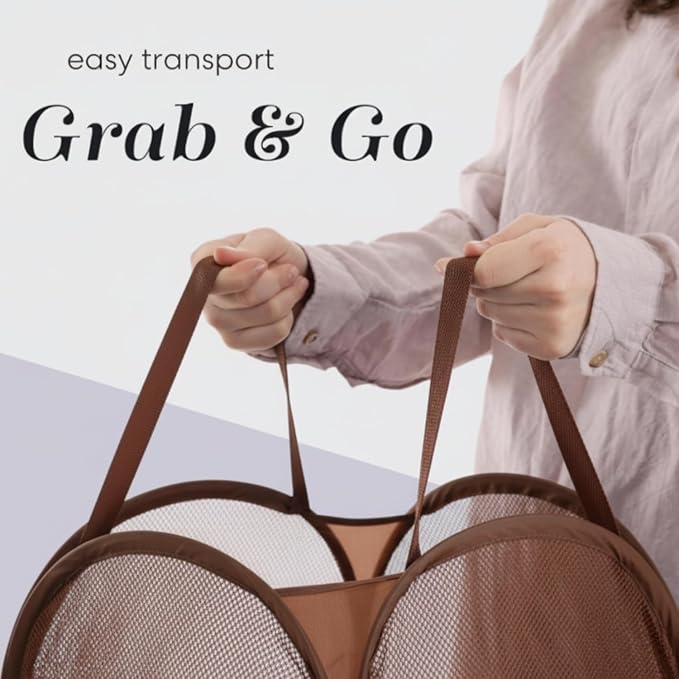 Handy Laundry Collapsible Mesh Pop Up Laundry Hamper with Side Pocket | Sturdy Reinforced Handles, Breathable Foldable Basket for Dorm, Travel, Cruise, Bedroom, 14 x 13 x 24 in, Brown