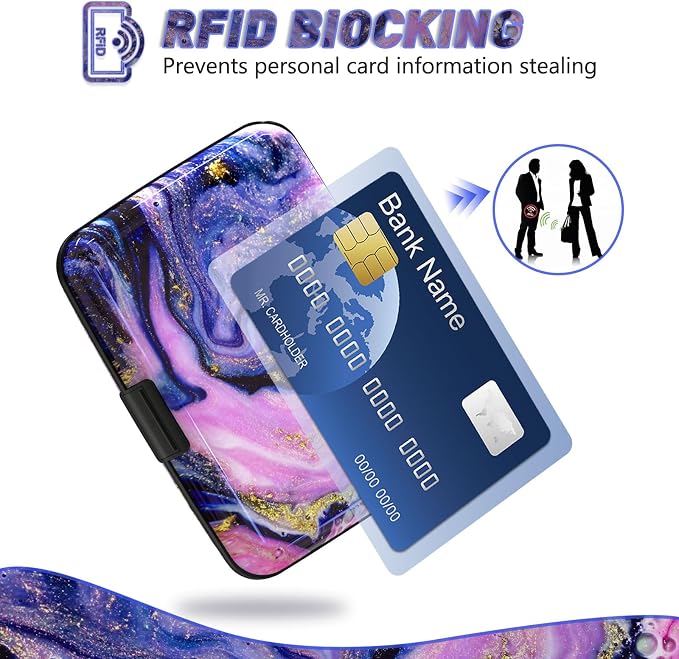 Credit Card Holder, Mini RFID Small Aluminum Card Wallet Business Card Case | Blocking Slim Metal RFID Blocking Front Pocket Wallet Hard Case CC Holder for Women Girl, Aesthetics Purple Marble