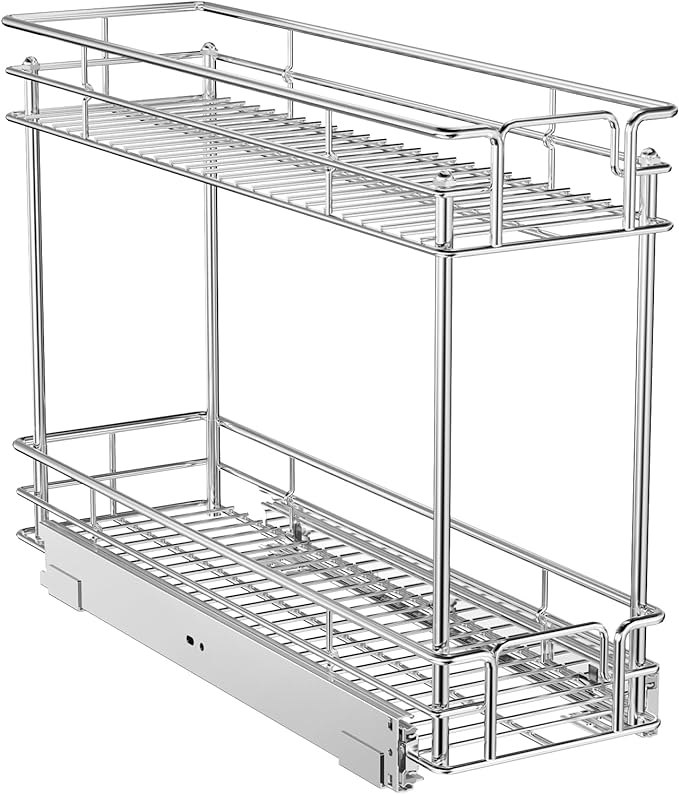 ROOMTEC Pull Out Cabinet Organizer for Narrow Cabinet (8.5" W X 21.5" D), Kitchen Cabinet Organizer and Storage 2-Tier Cabinet Pull Out Shelves Under Cabinet Storage for Kitchen, Chrome