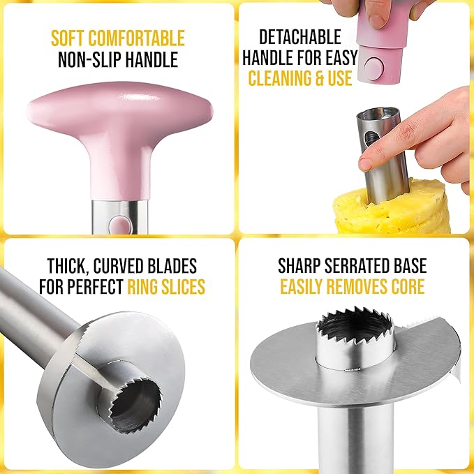 Zulay Kitchen Stainless Steel Pineapple Corer & Slicer – Heavy Duty Pineapple Cutter & Eye Removal Tool – Effortless Core Remover Tool with Sharp Reinforced Blade & Ergonomic Handle - Pink