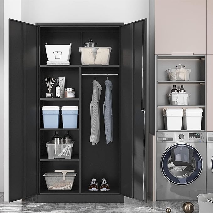 Yizosh Metal Armoire Wardrobe Closet Cabinet for Hanging Clothes with Lock Doors, -72" Steel Lockable Wardrobe Storage Locker Clothes Organizer for Bedroom, Laundry Room (Black)