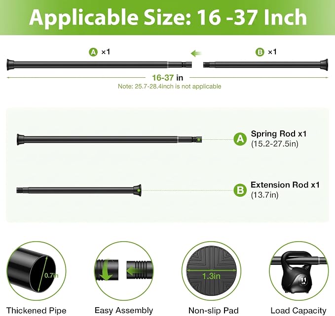 2Pcs Spring Tension Curtain Rod, Shower Curtain Rod 16-37 Inch, Spring Loaded Curtain Rod No Drilling, Adjustable 7/8" Diameter Tension Rod for Windows Bedroom Bathroom Doorway Closet, Black