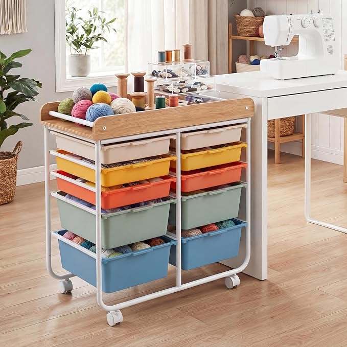 LDAILY Rolling Cart with Drawers, 10 Drawer Rolling Storage Cart with Wooden Tabletop, Metal Frame & Lockable Wheels, Craft Organizers and Storage for Home Office Classroom (Macaron, 10 Drawer)