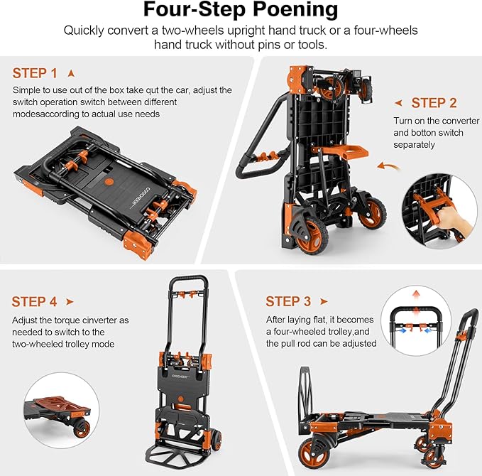 330LB Folding Hand Truck Heavy Duty Carrying, Combination of Four Wheels and Two Wheels Convertible Dolly Cart with Retractable Handle Dolly for Moving Office Carts(Orange)