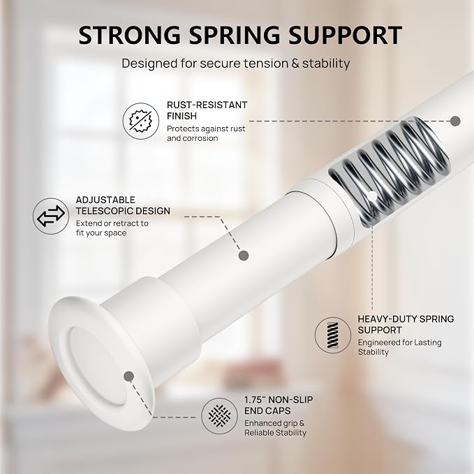 Tension Curtain Rod by EZFurni, 28 to 42 Inch, Adjustable Curtain Rods No Drilling, Heavy Duty Tension Rod, Anti-Slip Spring Loaded Curtain Rods for Window, Closet, Door, White