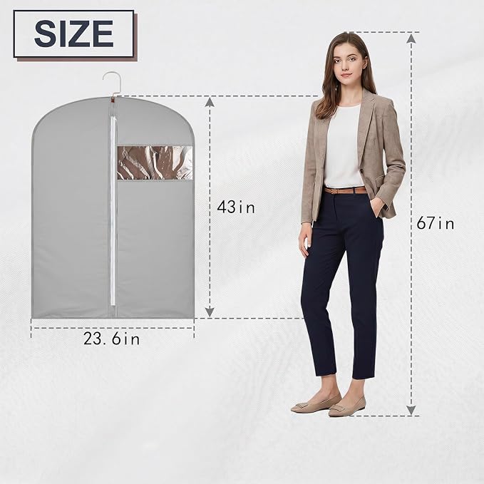 43Inch Garment Bags Covers, Gray Hanging Clothes Bag, Suit Cover Bags with Clear Window for Hanging Closet Clothes Storage and Travel (1, Gray, 43 inch)