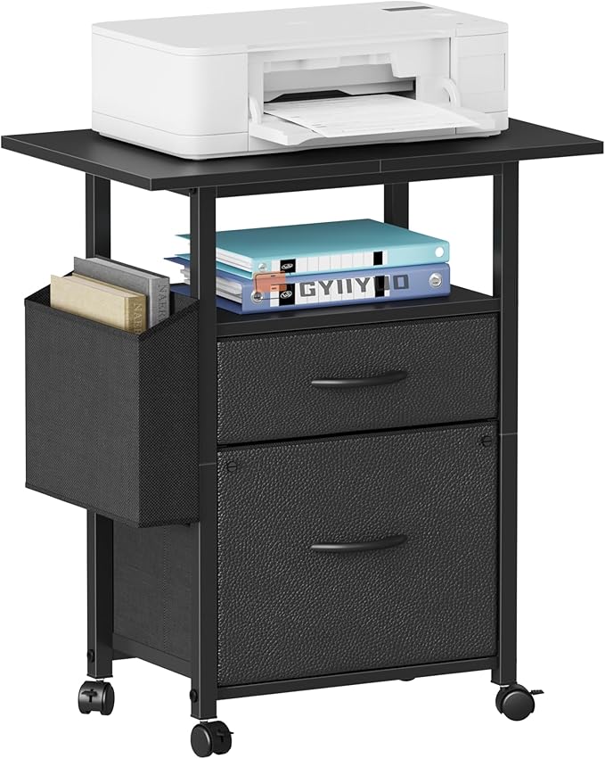 GYIIYUO 2 Drawer File Cabinet with 24'' Extended Desktop, Mobile | Rolling Filing Cabinet, Side Bag, Fits A4/Letter Size, Rolling Printer Stand, Home Office, Fabric Drawer, Black