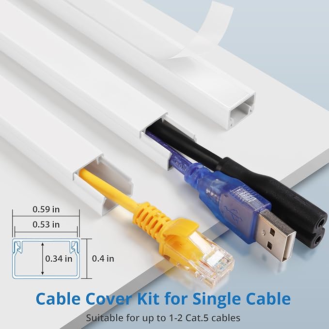 One-Cord Hider Kit, 126in Cable Covers for Wires on Wall, Mini Wire Hider for Wall Mounted TV, White Cable Raceway, Paintable Cord Cover Cable Management for Home Office, 8 x L15.7in W0.6in H0.4in