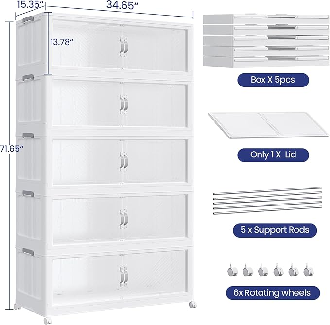 300Gal/1200QT 5-Tiers Extra Large Stackable Storage Bins with Lid, Collapsible Cabinet Closet Organizer Plastic Container Box with Wheels Doors Drawers for Living Room Kitchen Office, White