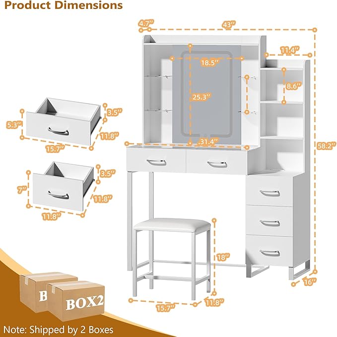 HUAHUU Vanity Desk with Mirror and Lights 3 Colors, 43.3" Makeup Vanity with Glass Top & RGB Light, White Vanity Table Set with Stool, 5 Drawers & Power Outlet for Bedroom Dressing Room