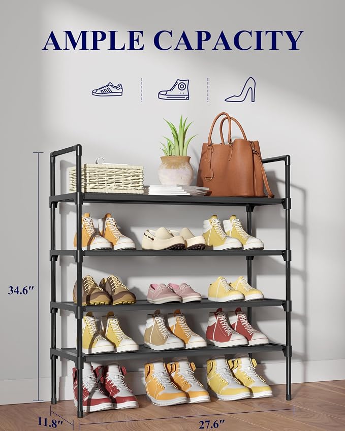 Kitsure Shoe Rack - 4-Tier Shoe Organizer, Shoe Rack for Closet, Entryway, Bedroom, Easy- Assembly Storage Shelf with Side Handles, 27.6" Wide - 4 Tiers, Black