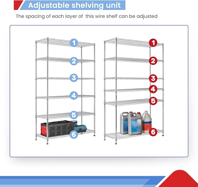 BestOffice Commercial Wire Shelving Unit Metal Shelf Casters Adjustable Layer Rack Strong Steel for Restaurant Garage Pantry Kitchen Garage (45×18×82, Chrome)