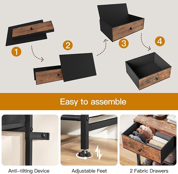 usikey Shoe Rack, 4 Tier Shoe Storage Organizer with 2 Drawers, Metal Shoe Shelf for 9-12 Pairs of Shoes, with 3 Oxford Fabric Shelves and Wooden Top, Shoe Stand for Entryway, Closet, Rustic Brown