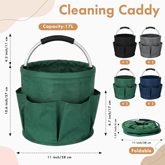 LemonRoad 4 Pack Cleaning Caddy with Handle 17L Foldable Cleaning Supplies Organizer Oxford Cloth Storage Basket with 6 Pockets Portable Multi Bucket Bag for Home Garden(Black,Gray,Navy Blue,Green)