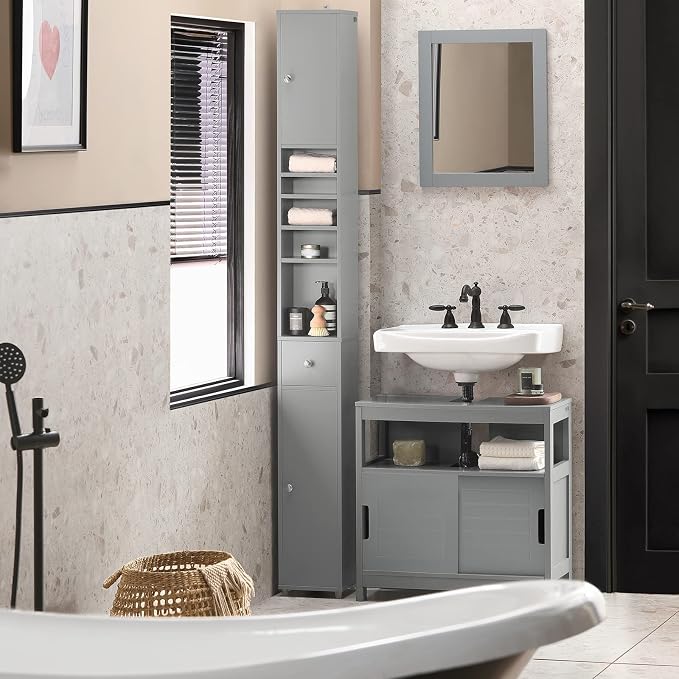 SoBuy Bathroom Storage Cabinet Adjustable Shelves, Tall Narrow, Gray | Freestanding Bathroom Organizer With Customizable Shelves, Fit Small Laundry & Bathroom Corners, BZR34-HG