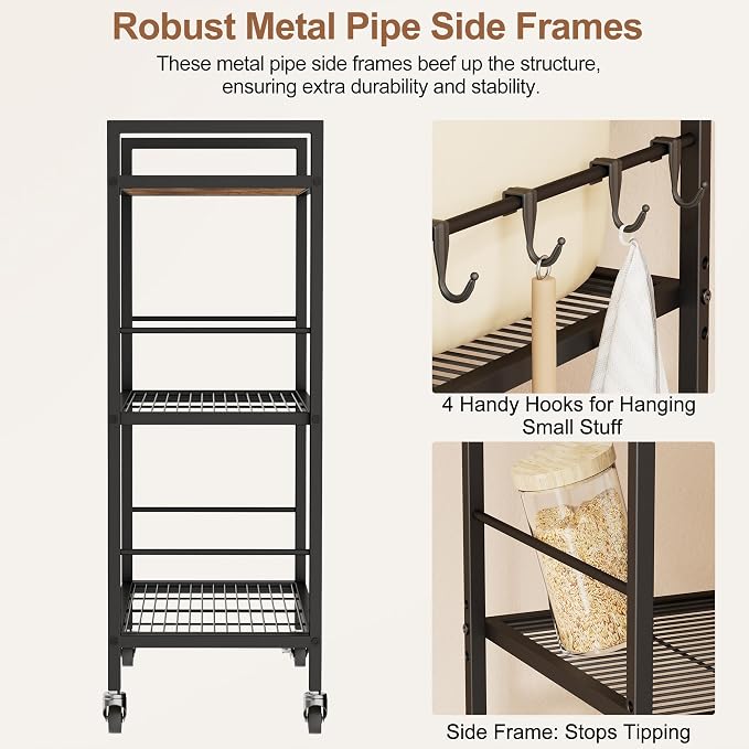 3-Tier Kitchen Cart with Adjustable Shelves - Microwave Storage Cart & Utility Rolling Organizer, Industrial Wheels for Small Spaces, 15.7"x23.6"x33.7" Kitchen Office Living Room Metal Rack