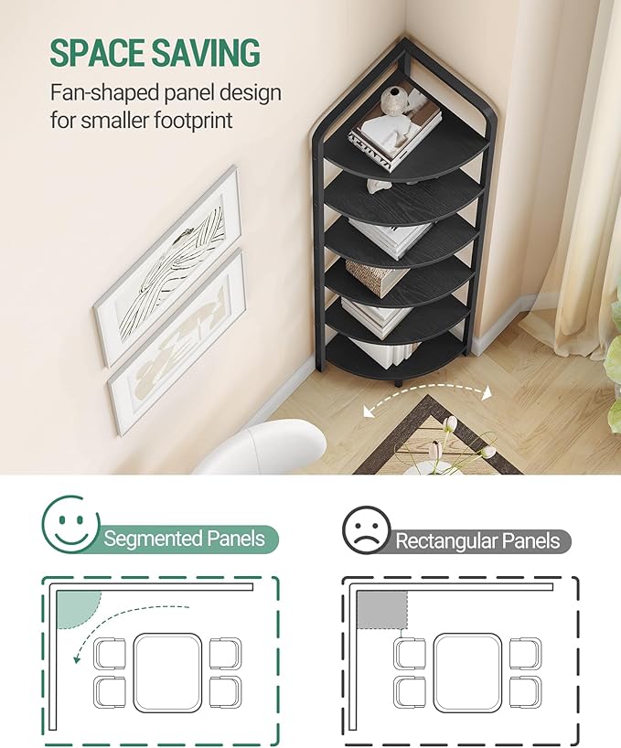 Hzuaneri Corner Shelf Stand Corner Bookshelf Standing Shelf Plant Shelf | Corner Display Rack with Metal Frame for Living Room, Bathroom, Kitchen, Industrial Style, 6 Tier Rustic Brown CS06604B