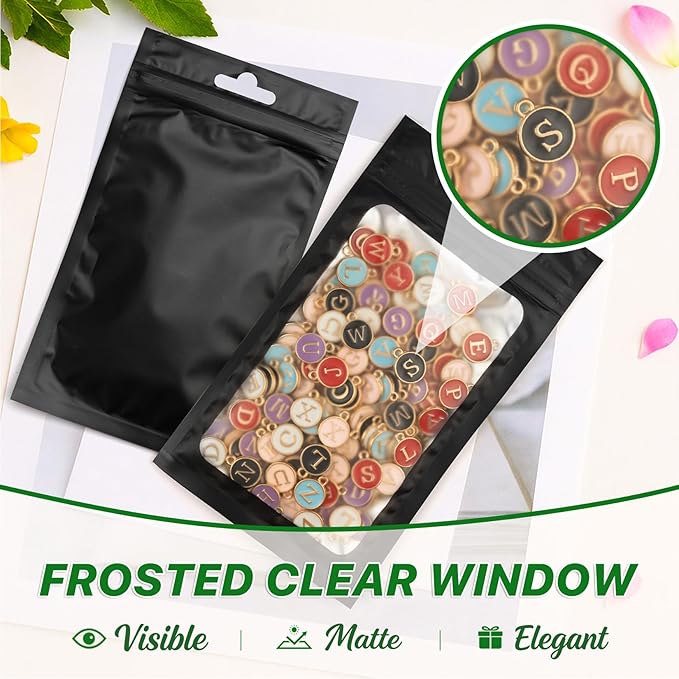100 PCS Resealable Mylar Bags with Zipper and Frosted Clear Window Smell Proof Packaging Bags Foil Pouch Zipper Bag for Food Self Sealing Storage Supplies (Black, 6.29x9.44)