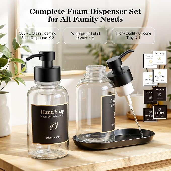 16.9 Oz Clear Glass Foaming Soap Dispenser, 2 Pack(Clear) | Refillable Hand & Dish Soap Pump, With Silicone Tray & 8 Waterproof Labels, For Bathroom & Kitchen，Perfect Housewarming Gift