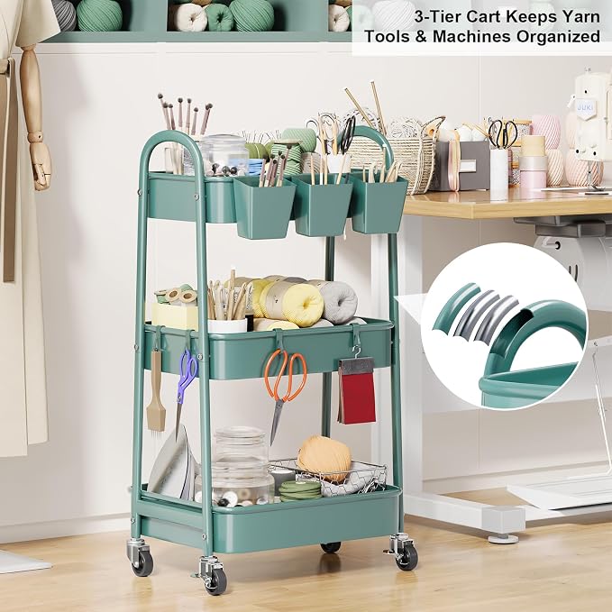 3 Tier Green Metal Rolling Cart with Lockable Wheels and Handle, 3 Tiered Utility Storage Organizer Carts for Teachers, Arts, Craft, Snack, Book, Bedside, Nursery, Cleaning Supplies, Easy Assembly