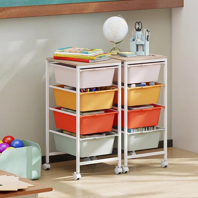 GOFLAME 4-Drawer Rolling Storage Cart, Craft Storage Cart with Wooden Tabletop and Lockable Wheels, Art Cart Supply Storage Organizer with Metal Frame for Home Office Classroom, Macaron Color
