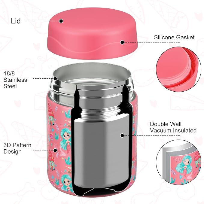 wiwens 12oz Soup Thermo for Hot Food Kids Insulated Food Jar Wide Mouth Lunch Container Leak Proof Stainless Steel Vacuum Bento Box for School Office Travel Outdoors Pink-Mermaid