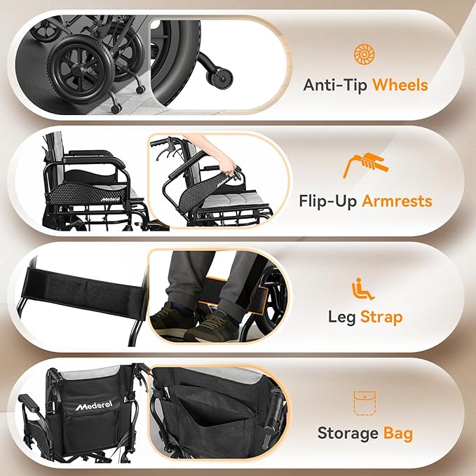 Lightweight Transport Wheelchair for Adults, Versatile Transport Wheel Chair, Supports 300 lbs, Self-Braking, Foldable & Portable, for Seniors, Elderly and Disabled