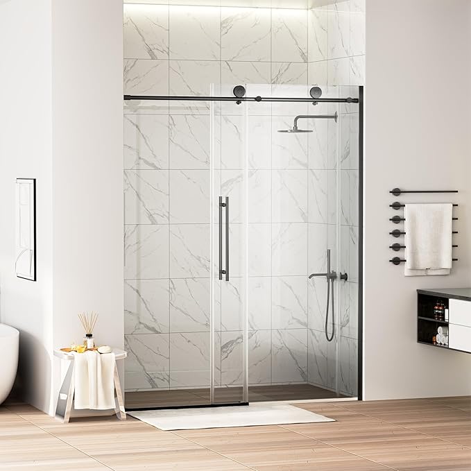WinZo Frameless Shower Door 56-60 in W x 75 in H, Sliding Shower Door with 5/16"(8mm) Clear Tempered Glass Shower Door, Easy to Clean Bathroom, Silent Soft-Close Design, Matte Black