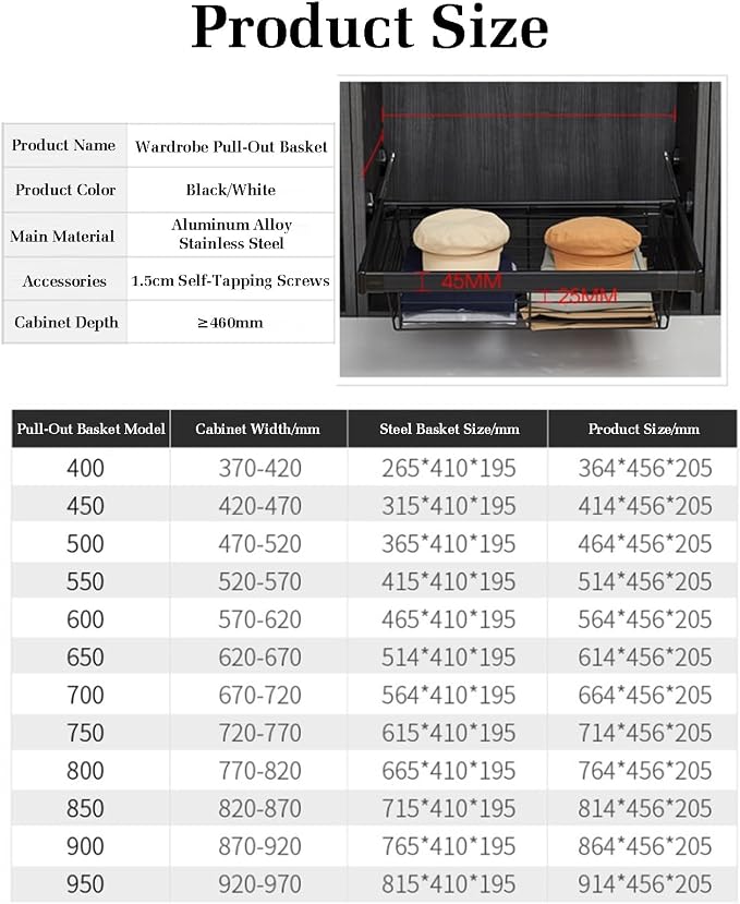 Pull Out Cabinet Storage Basket,Stackable Detachable Baskets Closet Storage Box,Telescopic Coat Drawer for Kitchen,for Kitchen Office Wardrobes Cupboard Storage(Black,714x456x205mm)