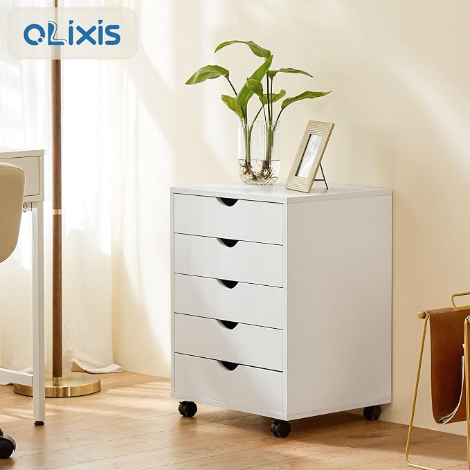 OLIXIS 5 Drawer File Cabinet on Wheels, Printer Stand | Fits Under Desks, Wood Storage Organization Holds Printer, Office Supplies, Not For Hanging Files, For Home Office Use White