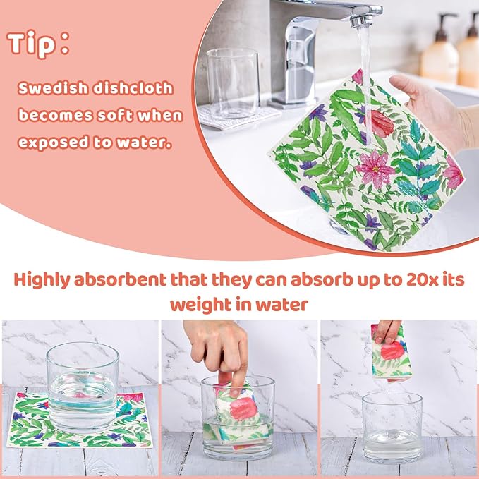 Needbrock 6 Pack Spring Floral Swedish Dishcloths for Kitchen, Swedish Rag Absorbent Dish Towel with Adhesive Clips, Reusable Paper Towels No Odor for Countertop Dishes Cleaning Kitchen