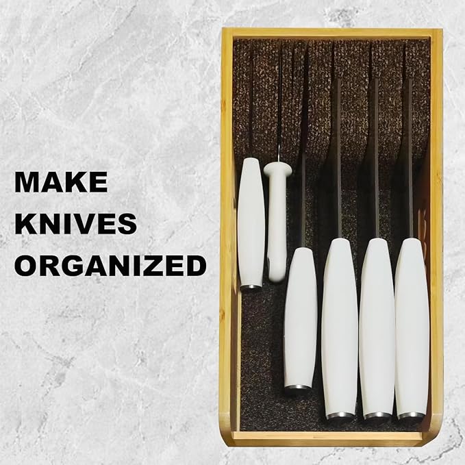 ArtBeek Knife Drawer Organizer Bamboo Insert Dock, 15'' Kitchen Steak Knives Holder Organizers Block for Drawer in Storage Organization