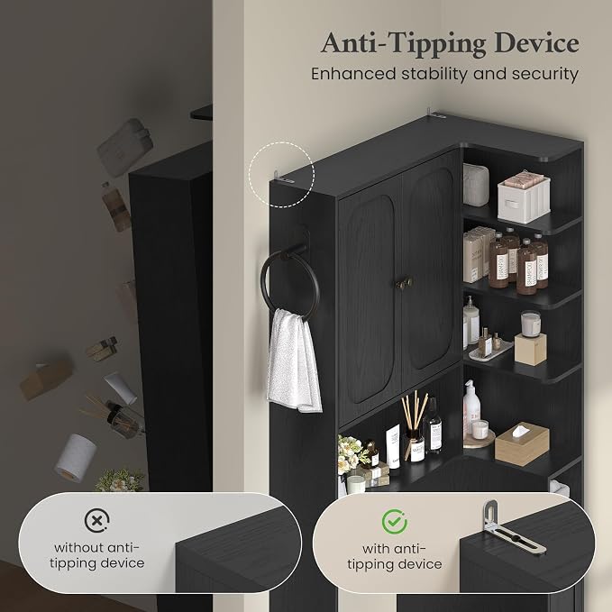7-Tier L-Shaped Wooden Over the Toilet Storage Cabinet with Doors, Modern Over Toilet Bathroom Organizer Shelf with 2 Large Drawers, Bathroom Over Toilets Storage Cabinet, Space Saver, Black