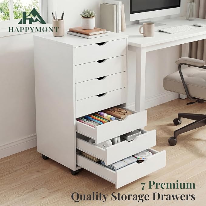 Mobile File Cabinet Under Desk, 7 Drawer Storage Organization with Wheels, Vertical Filing Chest Rolling Wood Small Desk Printer Stand for Home Office, 15.75" D x 18.74" W x 34.25" H