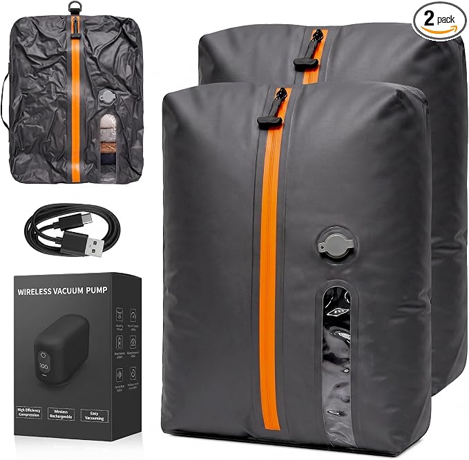 Travel Vacuum Bags With Pump, 2 Pack 22L Compression Kit For Clothes | IPX8 Waterproof; 3-5 Minute Compression; USB-C Cordless Pump; Up To 60-Minute Runtime; Saves Up To 60% Space; Airtight Seal