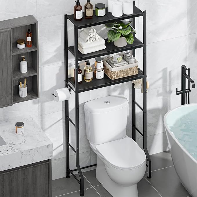Kitsure Over The Toilet Storage Rack, 3-Tier Metal Frame | Small Bathroom, Space Saving Storage, Heavy Duty Metal Frame, Easy Assembly, Black, 61"H