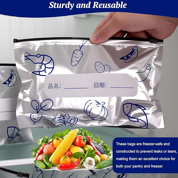 Reusable Aluminum Foil Sealable Storage Bags - Freezer Bags, Resealable Stand Up Pouches for Fresh Keeping, with Label, Zip Lock, Suitable for Vegetable, Fruit, Meat, and More,3 Size (30)