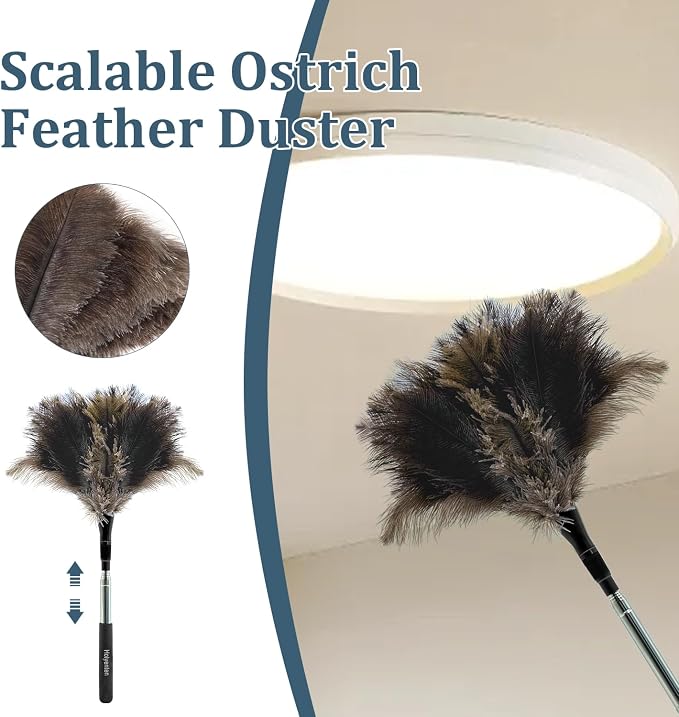 Extendable Feather Duster - 47 inches Soft Long Handle Reusable Feather Duster for Cleaning Ceiling Fan,Hanging lamp, High Ceiling, Blinds, Furniture，Ostrich Feather Duster