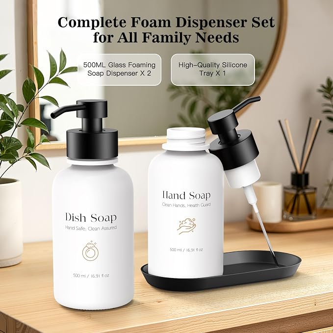 16.9 Oz Glass Foaming Soap Dispenser 2 Pack(White) | Refillable Hand & Dish Soap Pump, With Silicone Tray & 8 Waterproof Labels, For Bathroom & Kitchen，Perfect Housewarming Gift