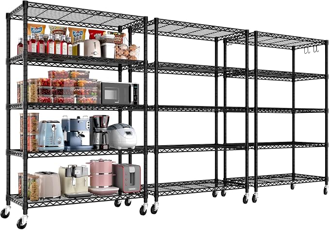 PrimeZone 3 Packs 36" W x 16" D x 79" H Wire Storage Shelves with Wheels, 5 Tier NSF Certified Heavy Duty Adjustable Kitchen Shelving Unit, Pantry Organizer Rack Rolling Metal Shelf for Garage Closet