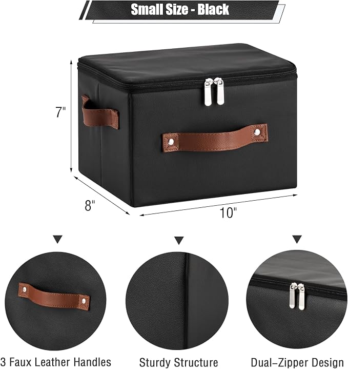 Storage Bins with Zipper Lid PU leather Storage Boxes Leather Fabric Collapsible Lidded Baskets Cube with Handle Decorative Shelves Closet Office Organizer Container(Black, Small Size)