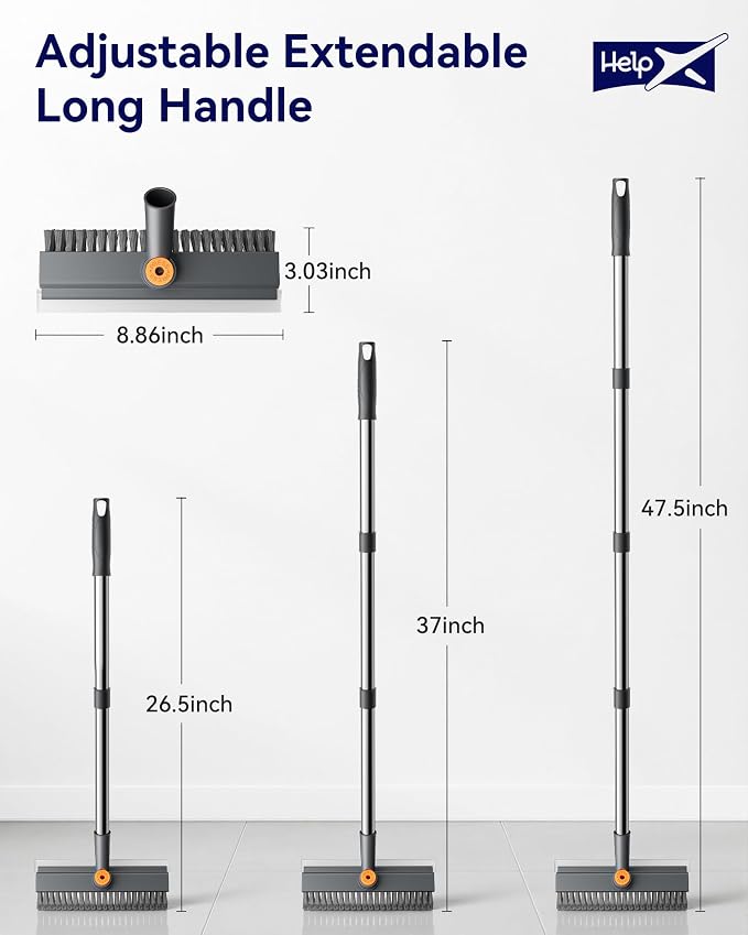 Small Floor Scrub Brush with Length Adjustable Long Handle, 3 in 1 Heavy-Duty Stiff Bristle Scrubber Brush with Squeegee and Tweezer for Cleaning Bathroom, Tile, Deck, Patio, Garage and Kitchen